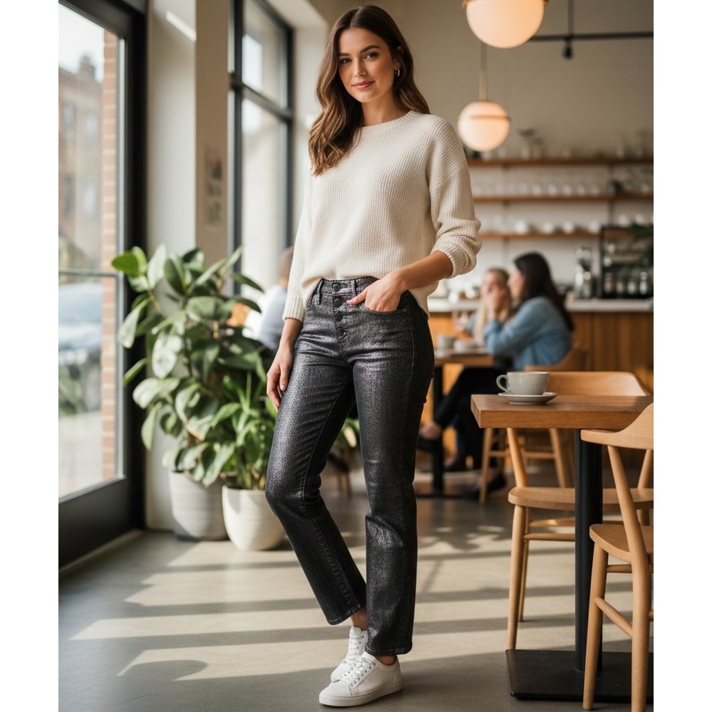 Circus NY High Rise Slim Straight Metallic Coated Black Jeans Button Fly 27